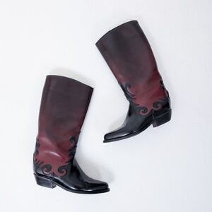 Pleather Ombre Boots Western Faux Leather PVC Round Toe Maroon Burgundy